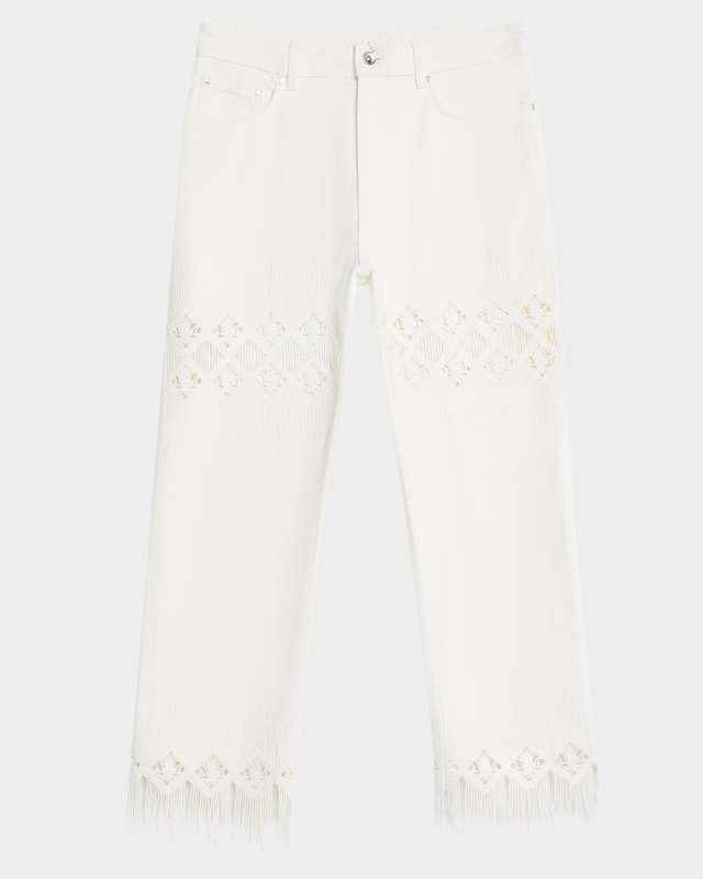 Macrame-Inset Straight-Leg Fringed Ankle Pants